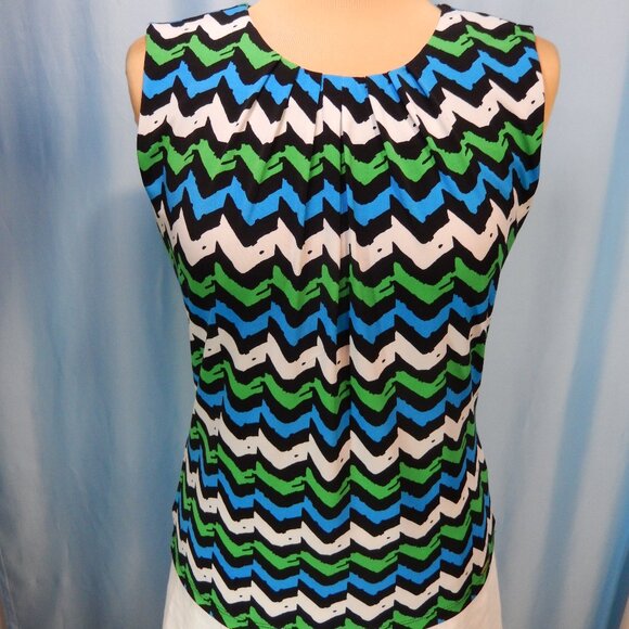 Calvin Klein Green/Blue/White/Black Pleated Neck Sleeveless Career Top Small EUC - Picture 1 of 12